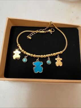 Gold-Tone Teddy Charm Bracelet with Bright Turquoise Accents